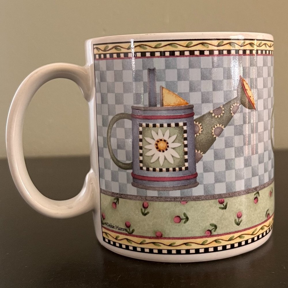 Vtg Sakura WATERING CAN Folk Art Stoneware Coffee Mug Debbie Mumm Floral Garden